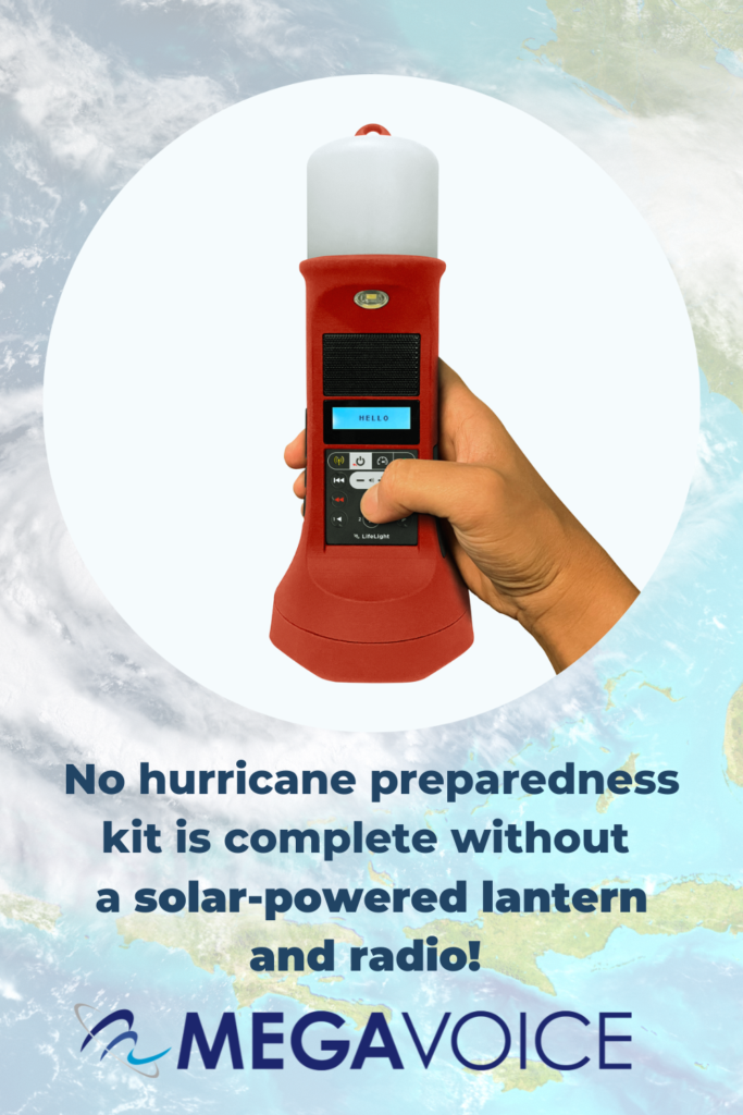 No hurricane preparedness kit is complete without a solar-powered lantern and radio! MegaVoice